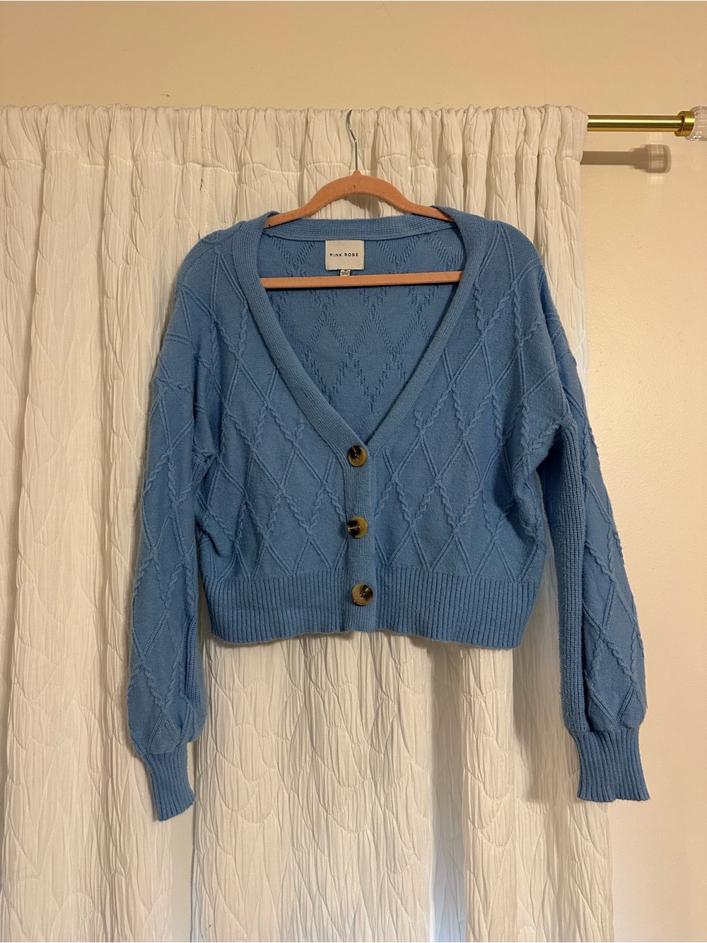 Pink Rose Light Blue Diamond-Knit Button Cardigan